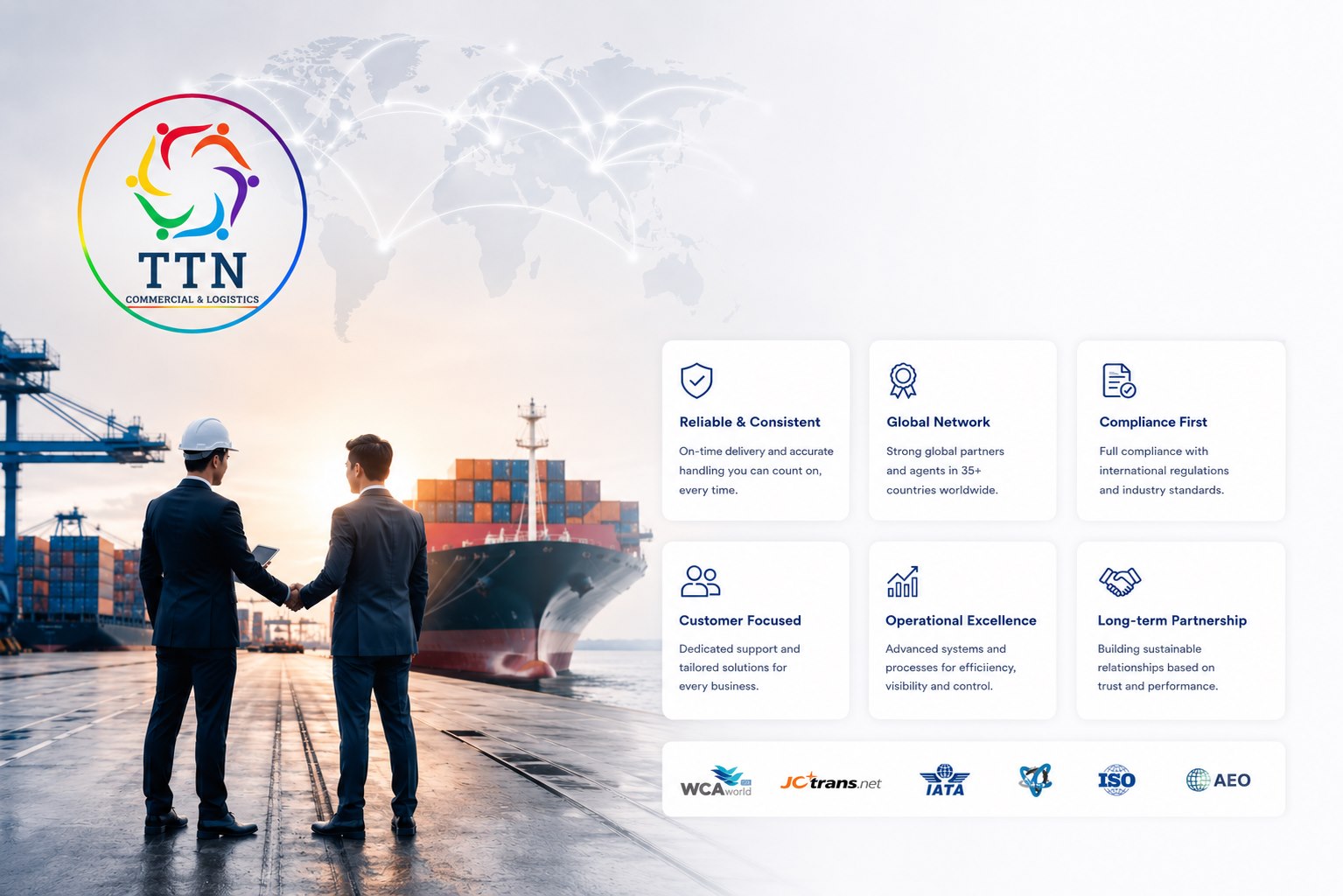 Container vessel and port crane supporting international freight operations